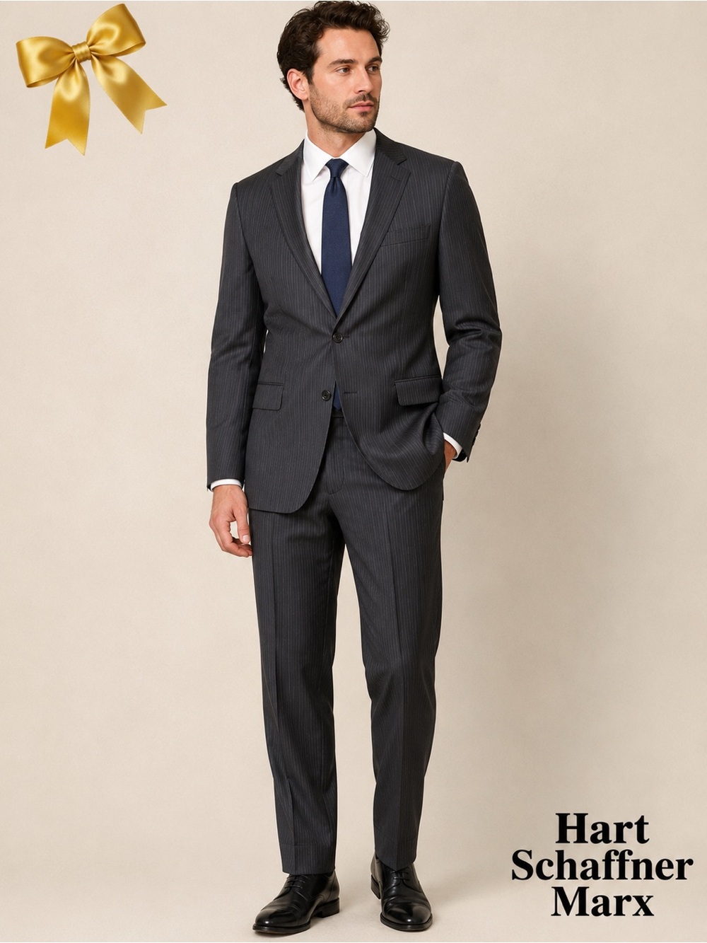 Hart Schaffner Marx Charcoal Pinstripe Suit Approx 44R 37W Made USA